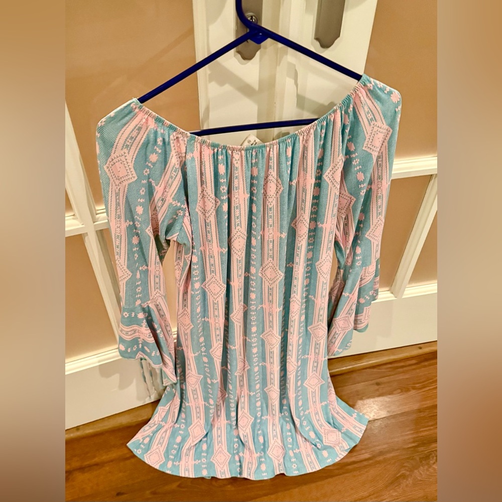 Adorable Aztec Honeyme Blue and Pink Tunic Dress (Optional Off-Shoulder) Dress